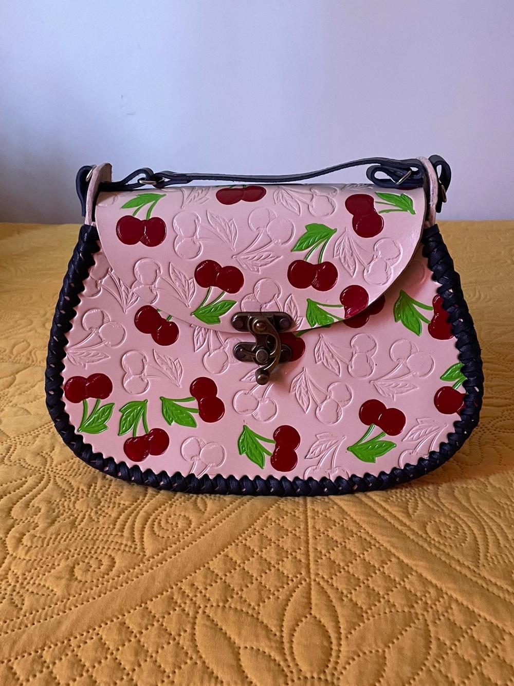 Hand Tooled Artesanal Leather Cherry Crossbody Bag with Black Trim